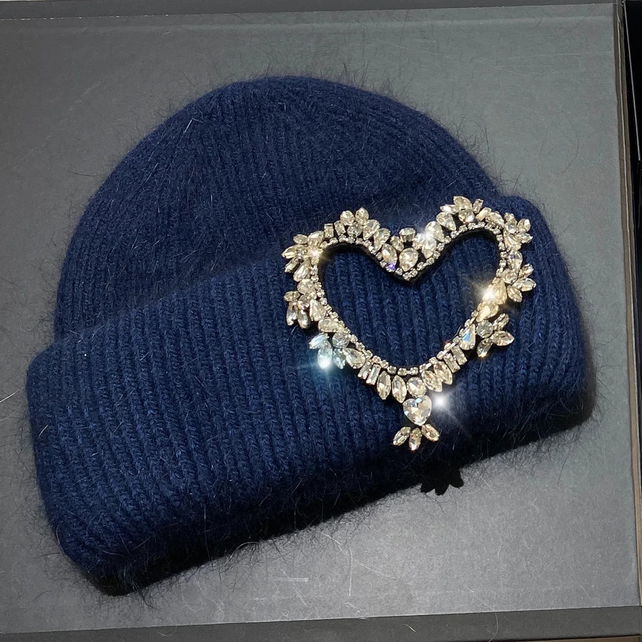 Luxury Heart Rhinestone Winter Beanies Women Solid Color Real Rabbit Fur Knitted Hat Lady Fashion Warm Pullover Caps Gifts navy Adult
