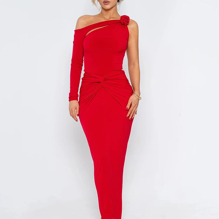 Rose One Shoulder Backless Sexy Maxi Dress For Women Hollow Out Single Sleeve Ruched Bodycon Club Party Long Dress