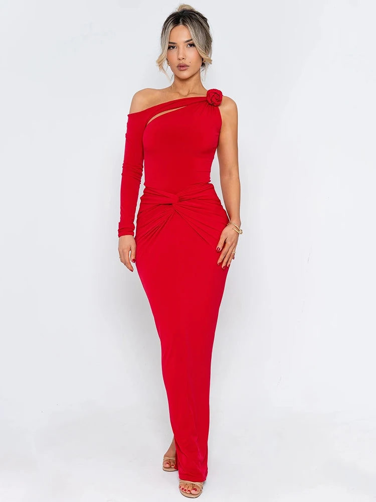 Rose One Shoulder Backless Sexy Maxi Dress For Women Hollow Out Single Sleeve Ruched Bodycon Club Party Long Dress