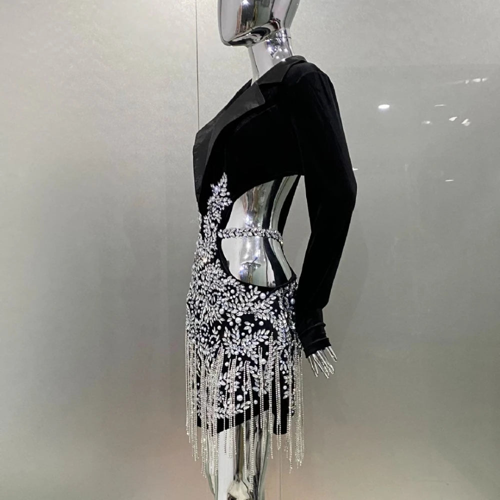 TWOTWINSTYLE Slimming Hollow Out Spliced Diamond Luxurious Dresses for Women Lapel Long Sleeve Patchwork Tassels Dress Female