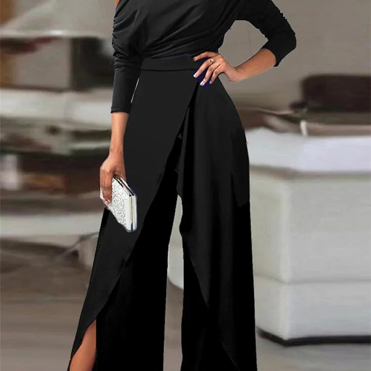 Elegant Jumpsuits for Women Spring New Plain Elegant Office Lady Loose Ruched Cold Shoulder Split Hem Wide Leg Jumpsuit Black