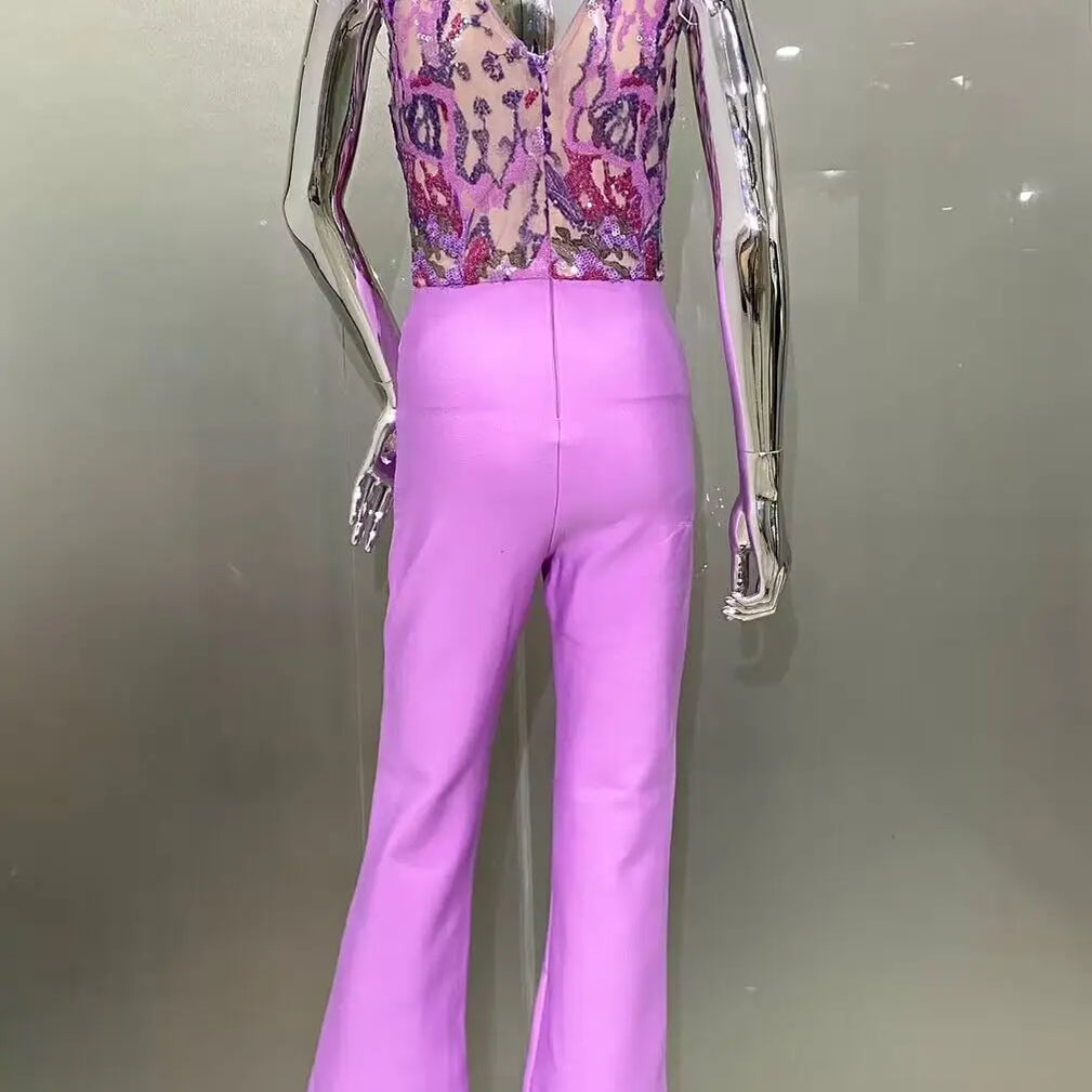 High Quality Gorgeous Feathers Shining Sequins Sexy V-Neck Sleeveless Violet Jumpsuit Graceful Woman Evening Party Outfit