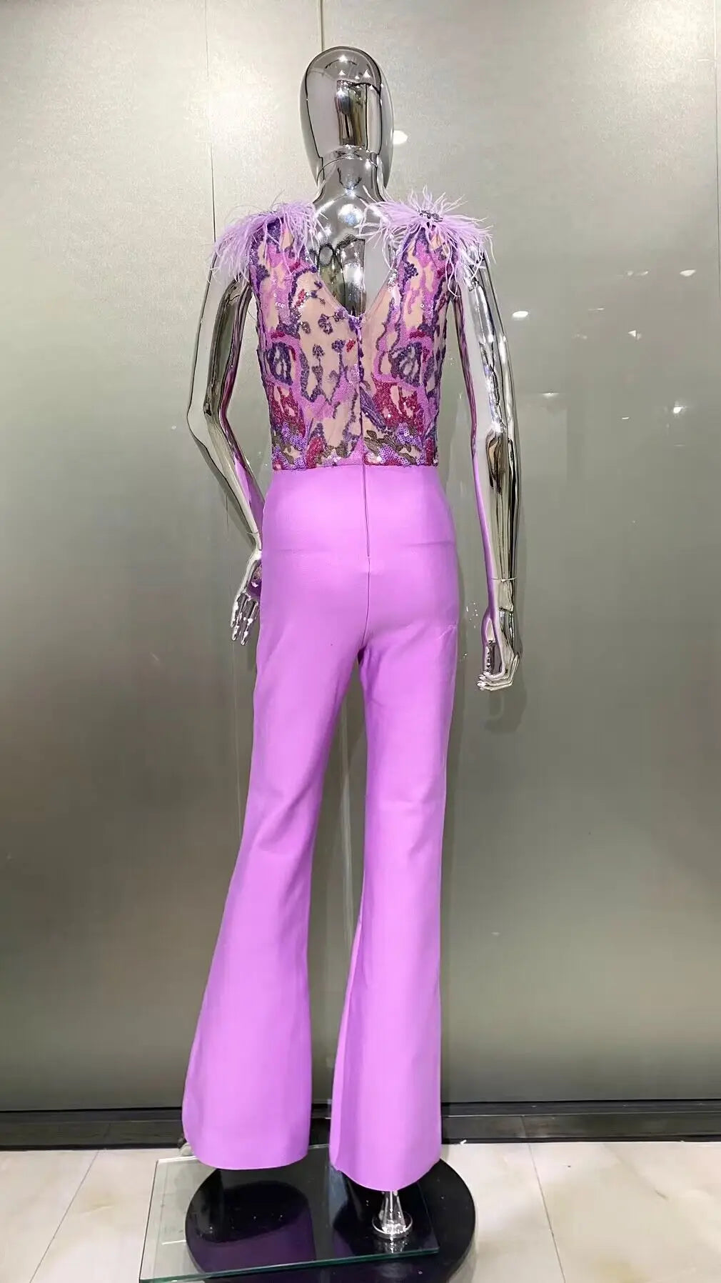 High Quality Gorgeous Feathers Shining Sequins Sexy V-Neck Sleeveless Violet Jumpsuit Graceful Woman Evening Party Outfit