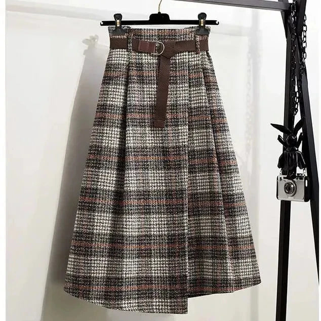 Autumn Winter Women's Long Skirts Elegant Streetwear Irregular Plaid Skirt Woman Fashion with Belt A-Line Skirts New Khaki