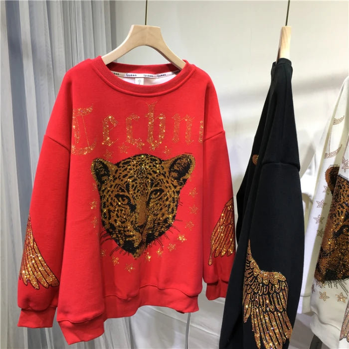 Plus Size Women Clothing Rhinestones Zip Up Hoodies & Sweatshirt Women Men Winter Autumn Luxury Brand Hoodie Woman Blouse Sweatshirt-Red