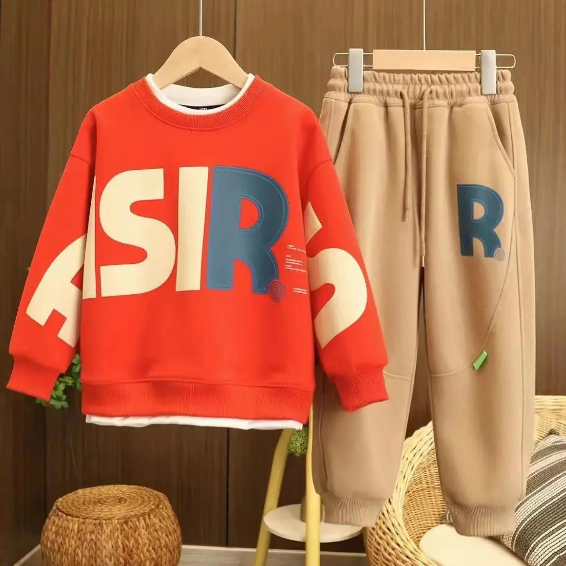 Korea Style Autumn Casual Kids Clothes Boy Set Teenage Letter Print Pullover Sweatshirt Top and Jogger Pants Suit Kids Tracksuit Orange