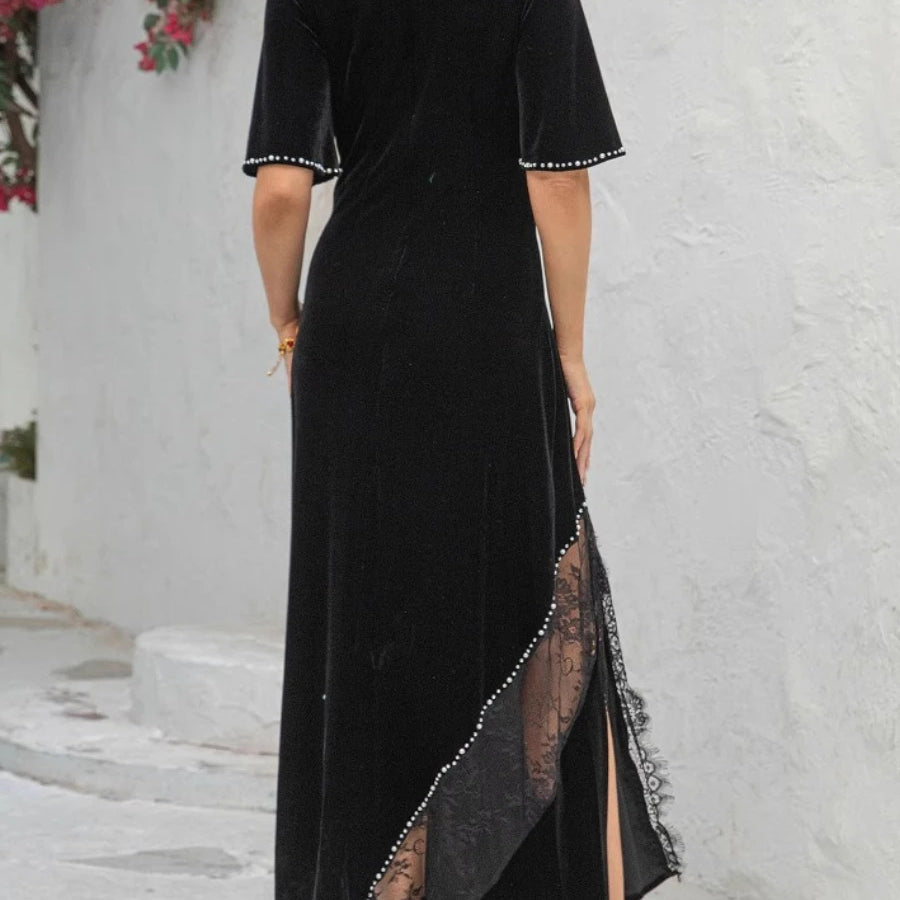 TWOTWINSTYLE Slimming Split Spliced Bead Elegant Dresses for Women Round Neck Half Sleeves Patchwork Lace Dress Female Clothing