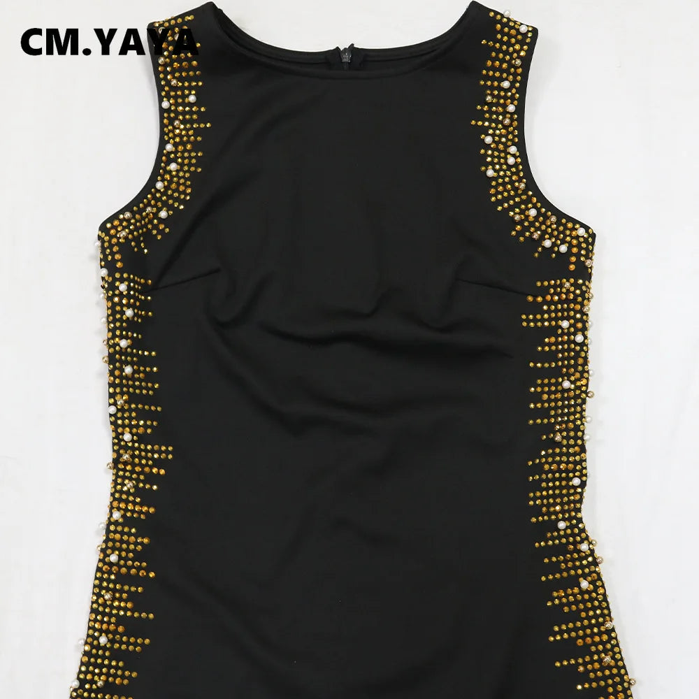 CM.YAYA Fall Diamonds Hot Rhinestones Tassel O-neck Women Sleeveless Bodycon Long Dress Birthday Party Evening Prom Maxi Dresses