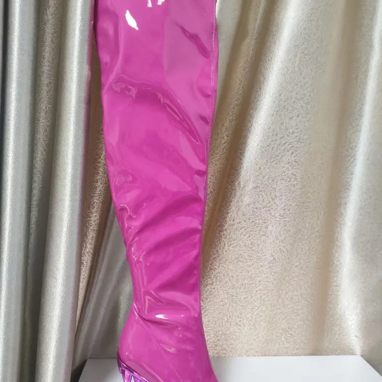 European and American New Knee-length Thigh Women's Boots Fashion Pointed Side Zipper Teeth High Heels Show Patent Leather Boots