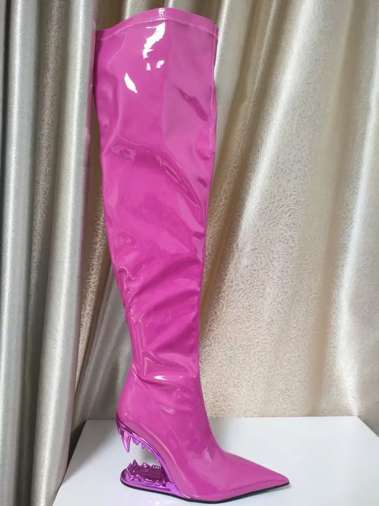 European and American New Knee-length Thigh Women's Boots Fashion Pointed Side Zipper Teeth High Heels Show Patent Leather Boots