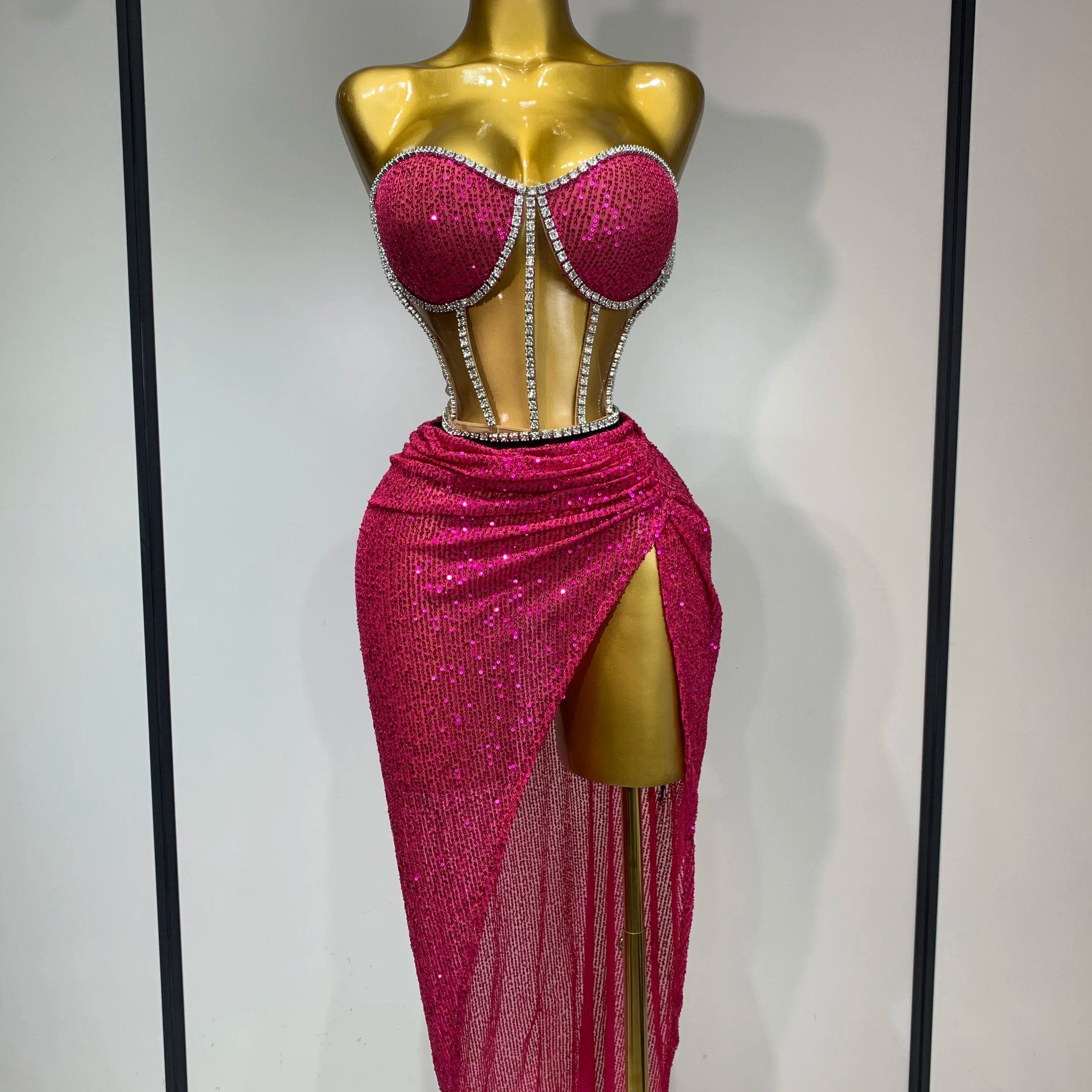 Women Sparkly Rhinestones Sequins Sexy Mesh Two Piece Set Evening Birthday Party Dress Nightclub Stage Performance Costumes