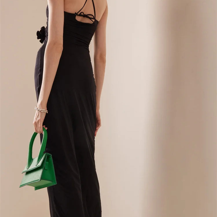 Women Sexy Halter Hollow Out 3D Flowers Long Dress Y2K Summer Off Shoulder Backless Bodycon Elegant Dresses Night Party Clubwear