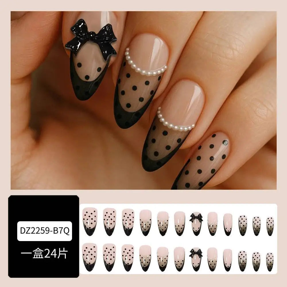 Spicy Girls Almond Fake Nails 24Pcs French Press On Nails Polka Dot/Stripe Printed Charm Manicure Full Cover Stick-on False Nail