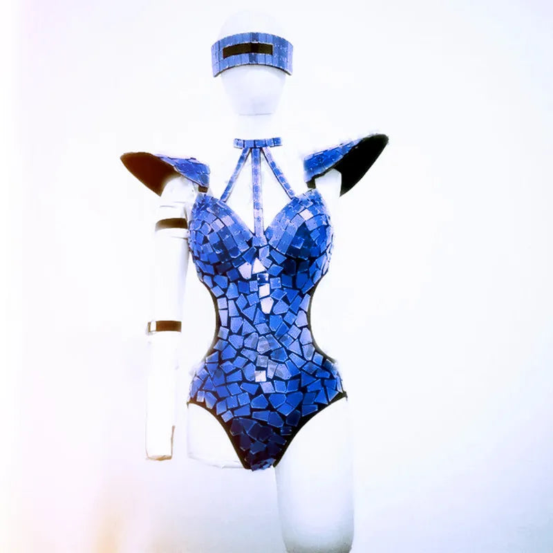 Mirror Bodysuit Women Dance Costume Gold Silver Sequins Fly Shoulder Hollow Out Rave Outfit Stage Performance Clothes Gogo Show Blue