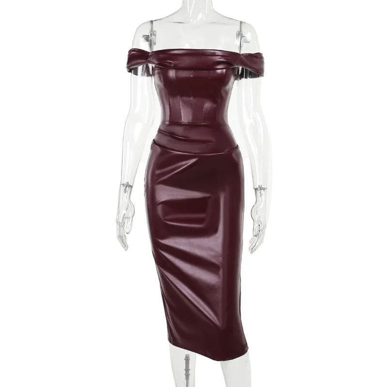 Women's Sexy Style Waist Shaping Drop Shoulder Sling Leather Dress One-Neck Smocked Long Skirt Claret
