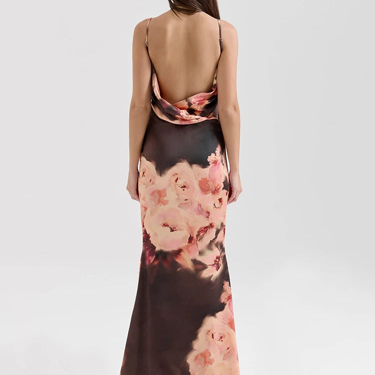 Satin Floral Print Sexy Maxi Dress Women Gown Elegant Spaghetti Strap Sleeveless Backless Bodycon Evening Club Dress
