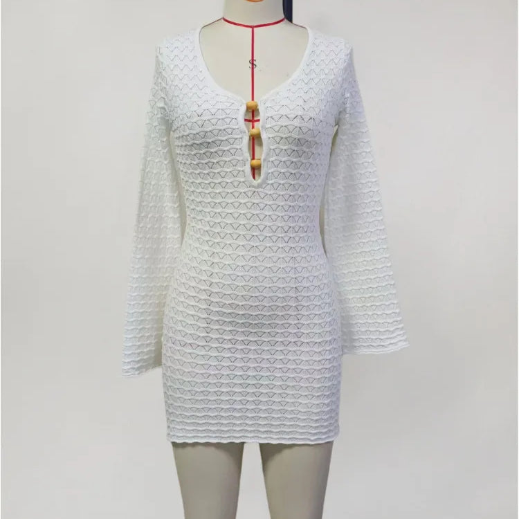 Sexy Knitted Beach Dress For Woman White Hollow Out Deep V Neck Long Sleeve High Waist A-line Knit Dress Knitwear
