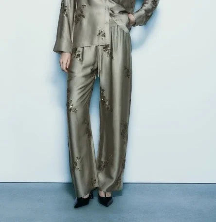 Fashion Print Sequin Shirt 2 Piece Sets For Women Loose Lapel Long Sleeves Top Wide Leg Pants Suits Lady Elegant Outfits Pants 1