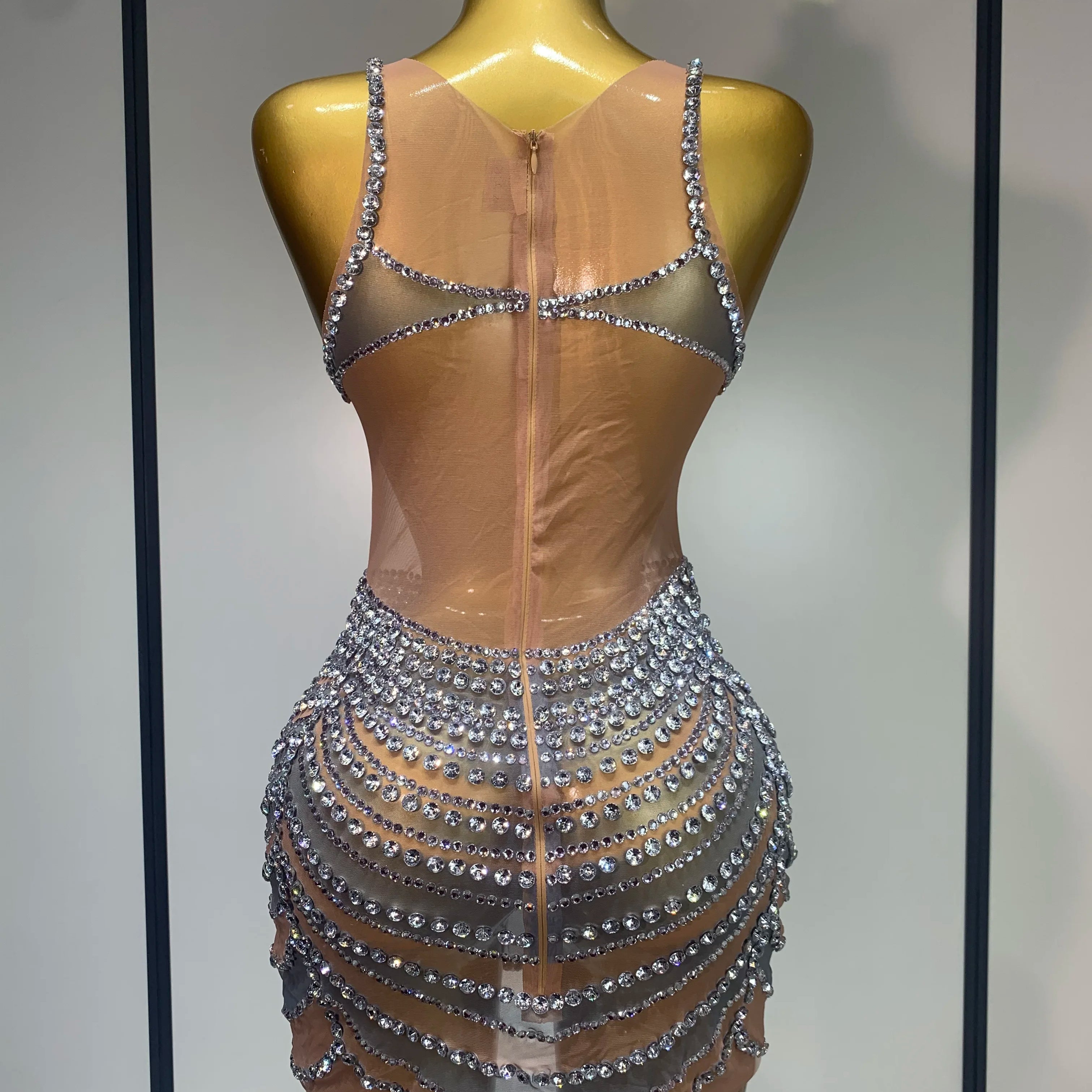 Sparkly Rhinestones Sleeveless Mini Dress Evening Birthday Celebrate Evening Party Dress Nightclub Stage  Performance Costume