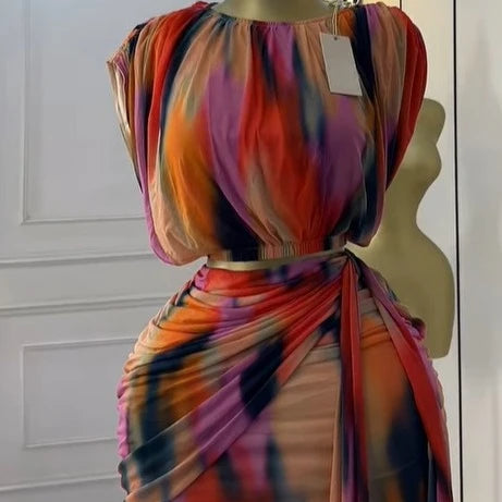 CM.YAYA Tie Dye Printed Women's Set Ruched Short Sleeve T-Shirt Tops and Stacked Mini Skirts Suit 2025 Two 2 Piece Sets Outfit