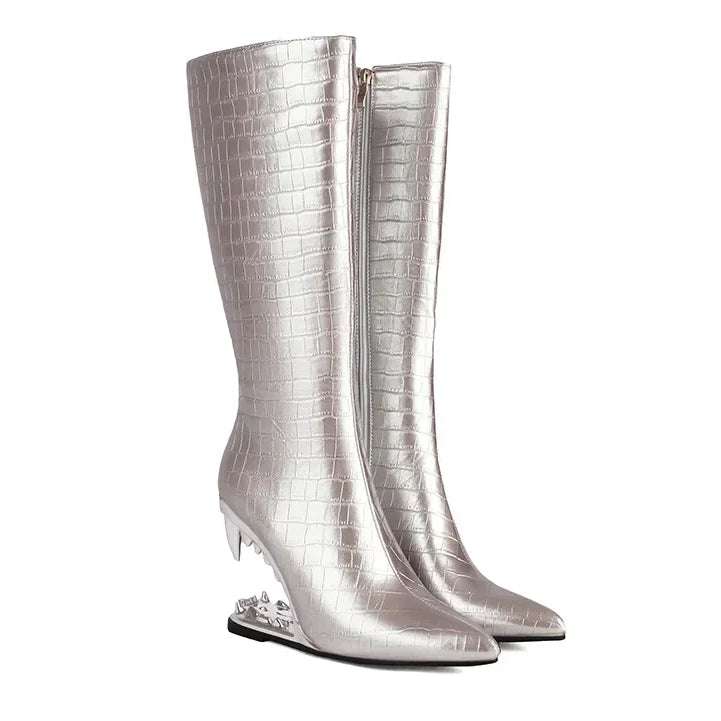 Short Plush 10cm Wolf Teeth Heel Knee Length Boots Back Zipper Pointed Colored Calf Winter Boots Silver Autumn Boots 506-silver Plush-ZIP