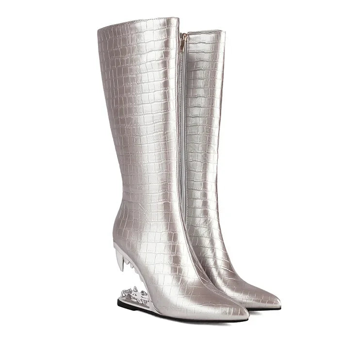 Short Plush 10cm Wolf Teeth Heel Knee Length Boots Back Zipper Pointed Colored Calf Winter Boots Silver Autumn Boots 506-silver Plush-ZIP