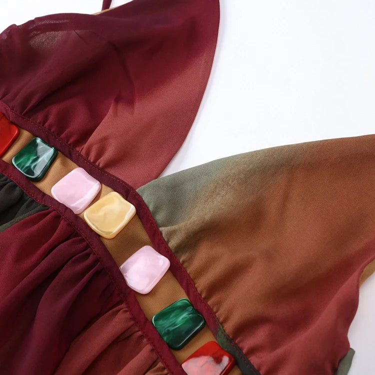 Sexy Backless Slip Long Chiffon Beach Sling Dress For Women Summer Vacation Contrasting V Neck Holiday Beachwear Dresses