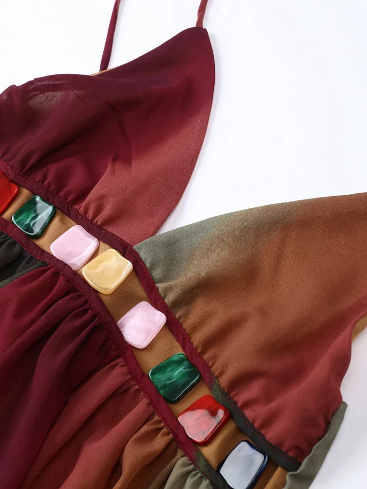 Sexy Backless Slip Long Chiffon Beach Sling Dress For Women Summer Vacation Contrasting V Neck Holiday Beachwear Dresses