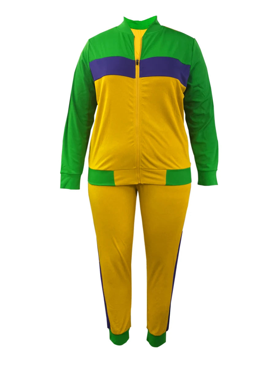 LW Plus Size Zipper Design Patchwork Pants Set Women Color Block Mandarin Collar Tracksuits Long Sleeve Two Pieces Outfits