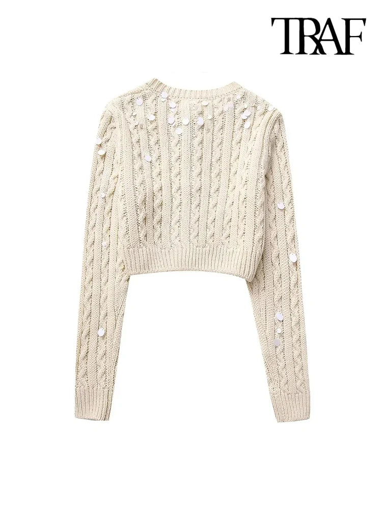 Women Fashion With Beading Cropped Knit Cardigan Sweater Vintage Long Sleeve Front Button Female Outerwear Chic Tops