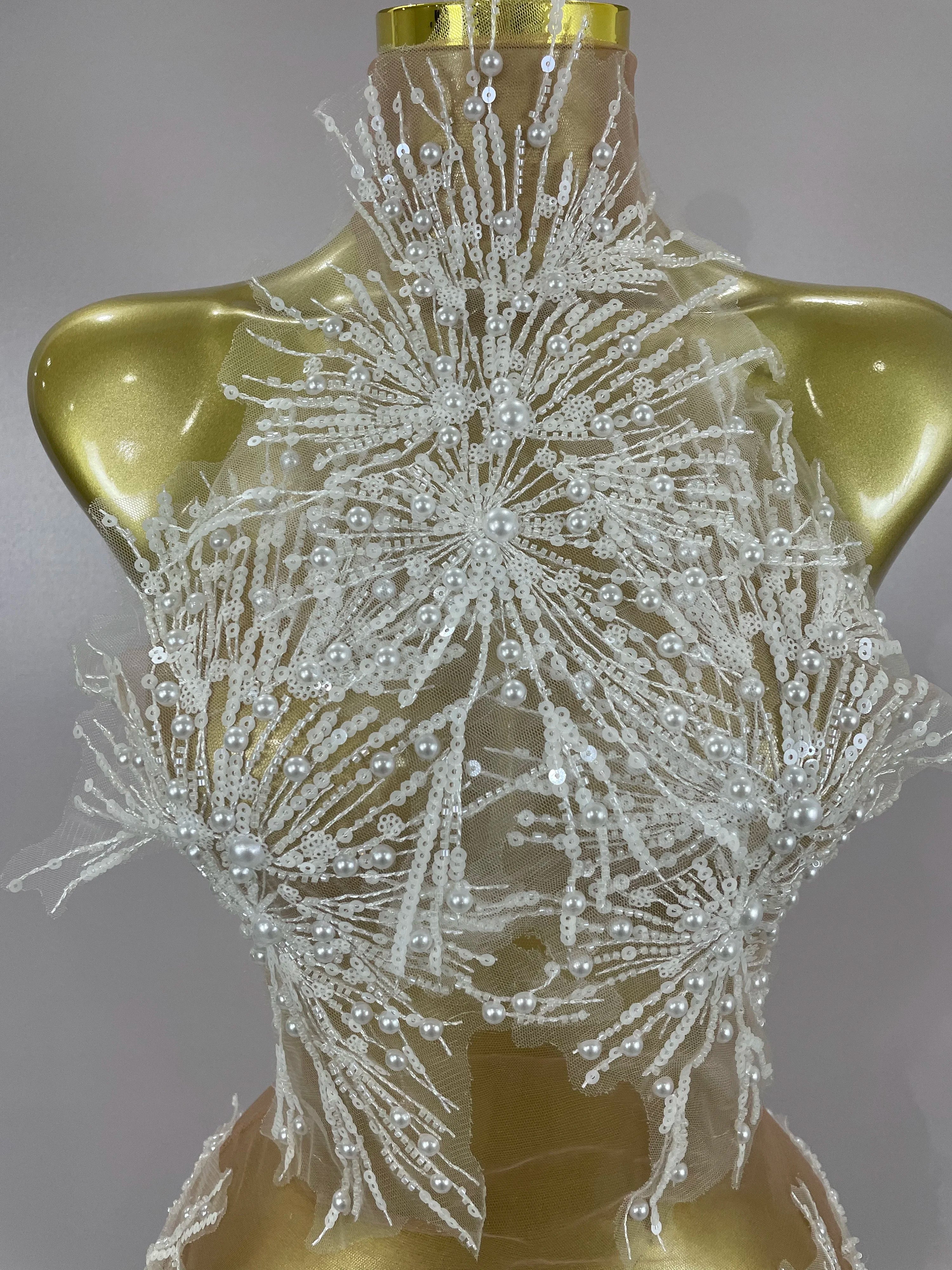 Stock Women Sexy Mesh See Through Pearl Lace Party Mini Dress Celebrate Birthday Photo Shoot Wear Performance Stage Costume