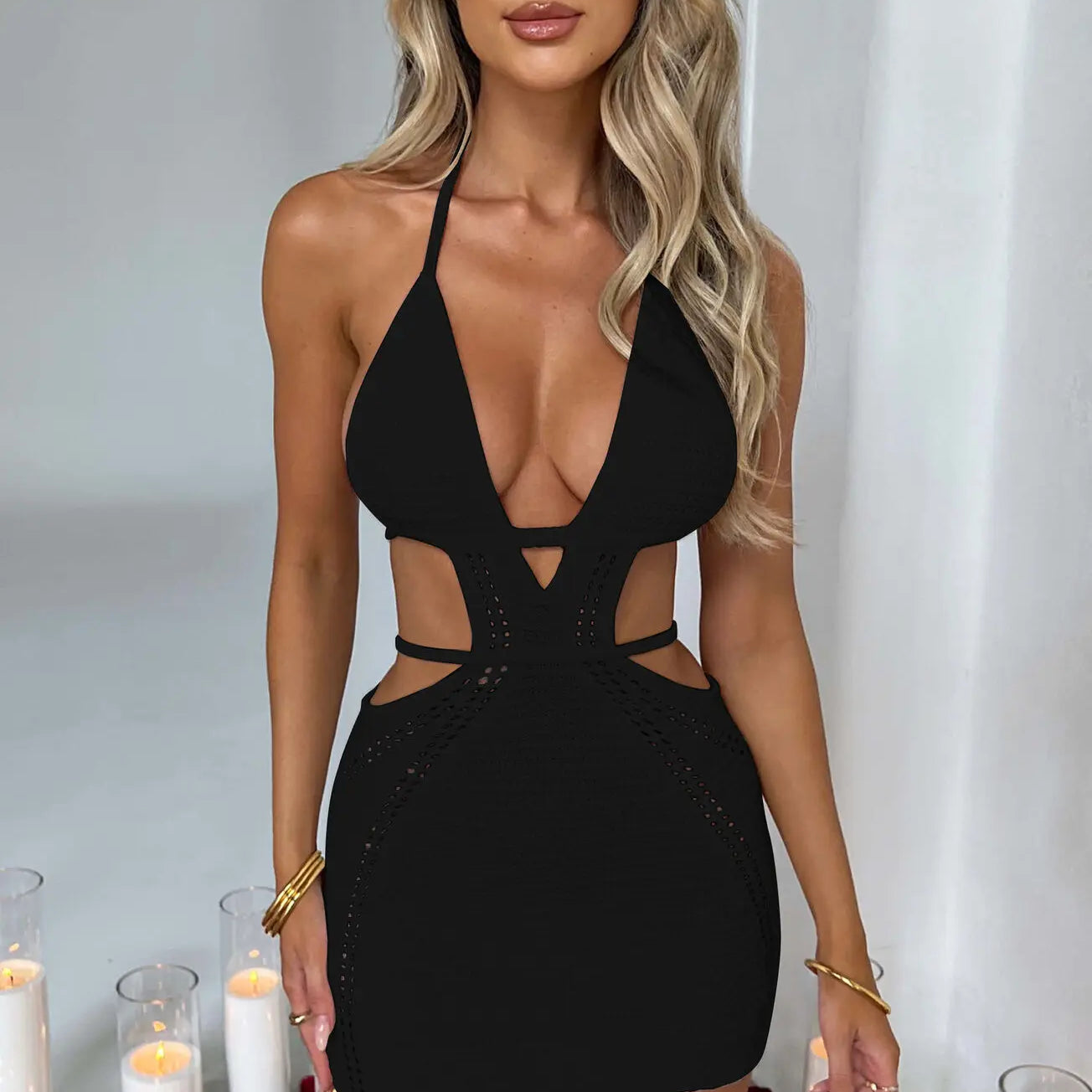 Hollow Out Halter Sexy Mini Dress Women Summer Sleeveless Backless Skinny Club Party Knit Tank Dress Vestido