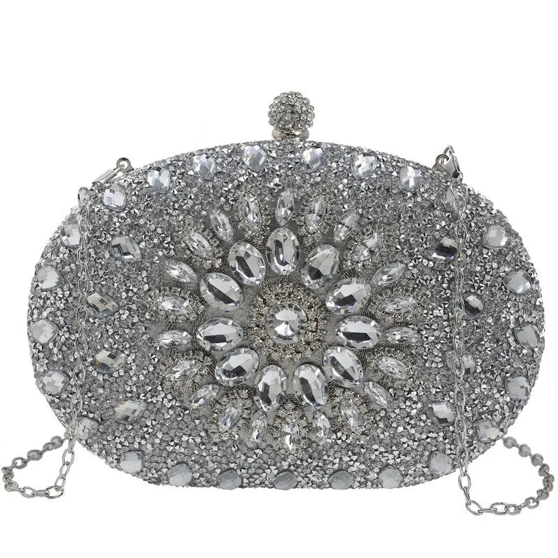 Women Dinner Bag Fashion New Sunflower Inlaid Diamond Banquet Hand Bag Dress Evening Bag Silver