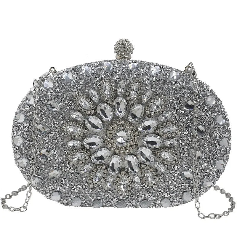 Women Dinner Bag Fashion New Sunflower Inlaid Diamond Banquet Hand Bag Dress Evening Bag Silver