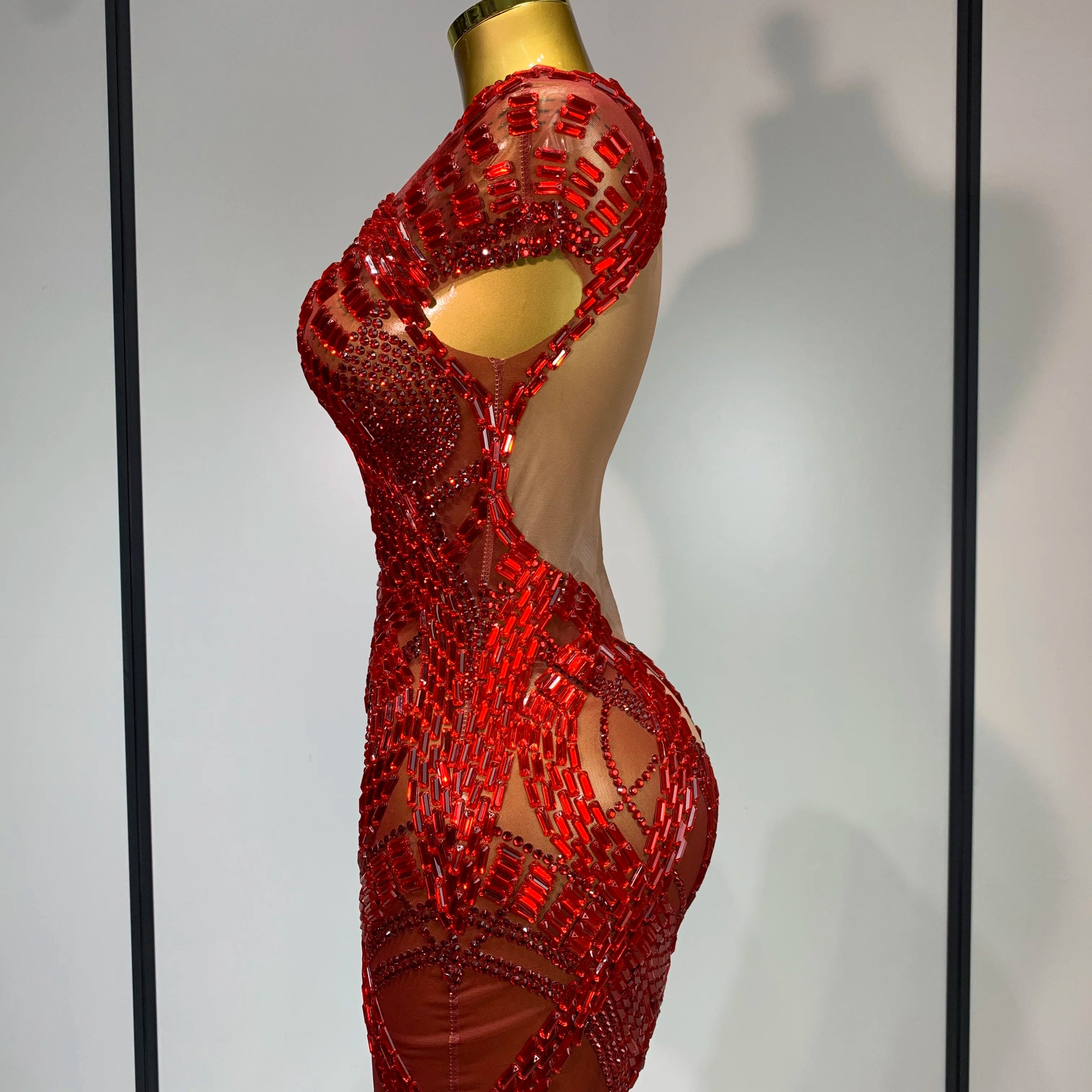 Luxury Rhinestones Sexy Mesh See Through Mini Dress Women Celebrate  Birthday Evening Party Dress Stage Performance  Costume