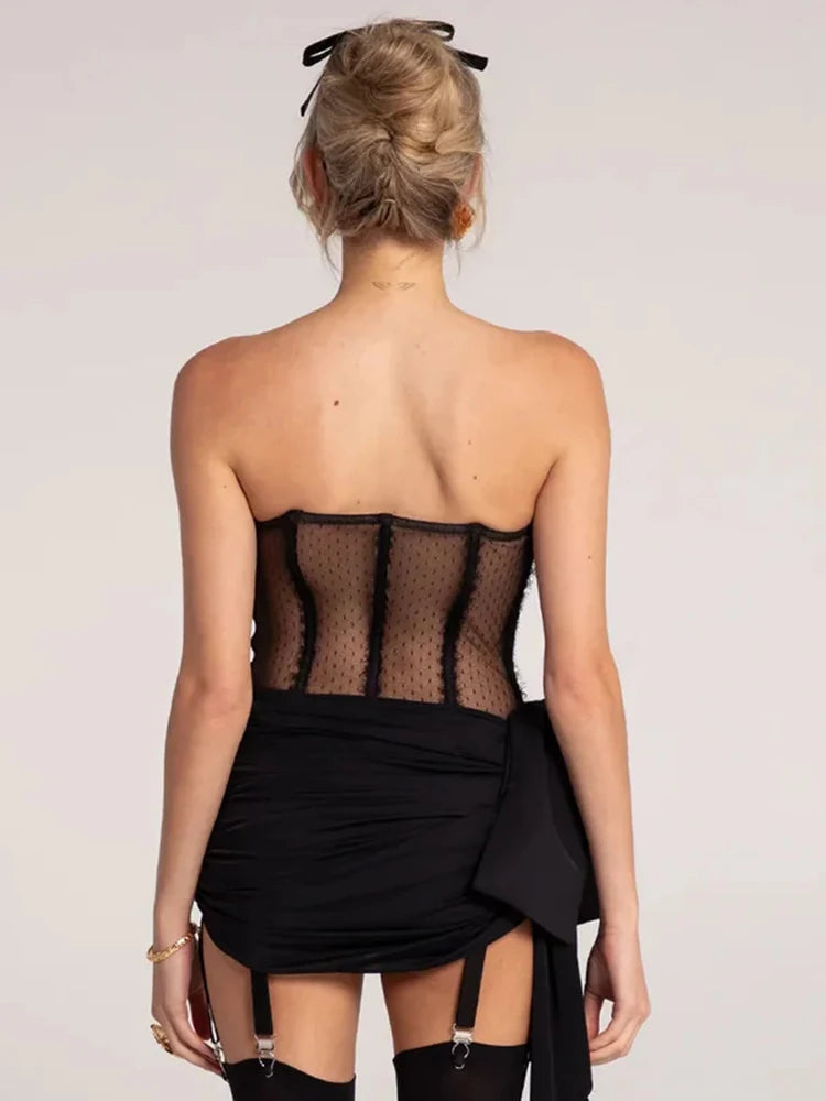 VC Black Lace Bow Mini Dress See Through Ruched Short Dress Celebrity Night Club Wear Cocktail Party Outfits