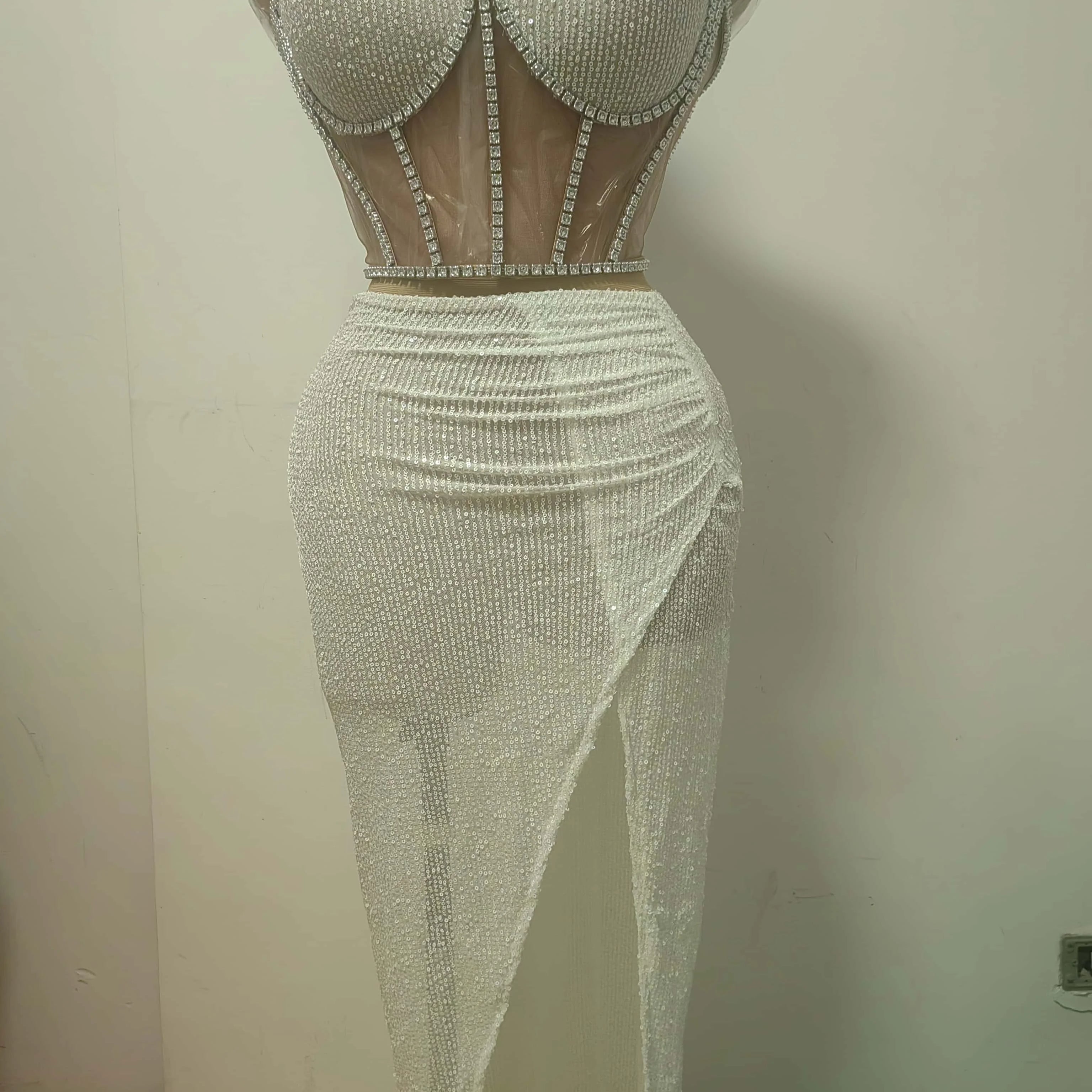 Stunning Sparkly Rhinestone Sequins Streamer Theme Party Hollow Out Tops Skirt 2Pieces Set Suit Festival Event Bodycon Tangguo