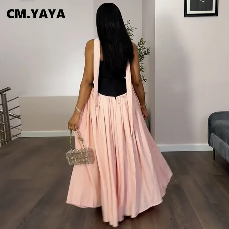 CM.YAYA Women Fashion Halter Neck Pleated Big Swing High Waist Maxi Long Dress 2025 Summer Party Night Club Vestidos Dresses