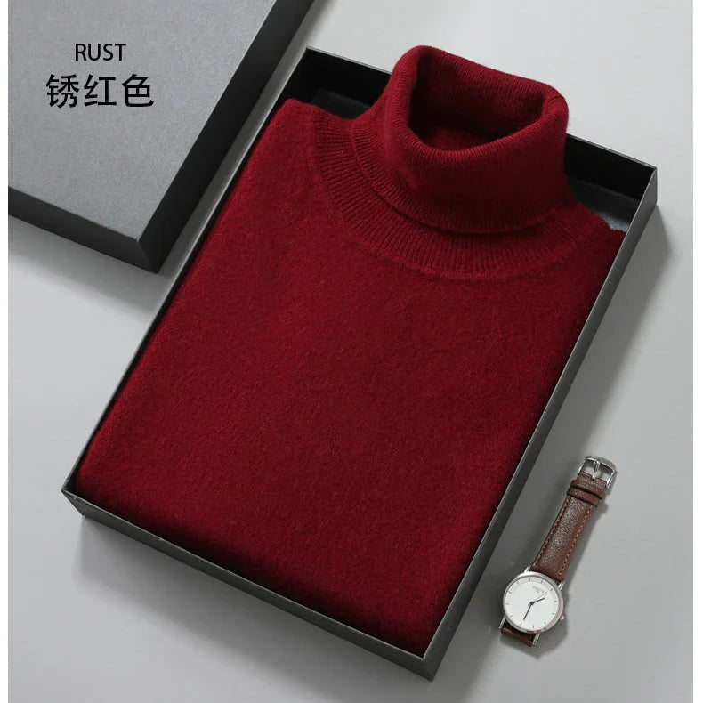100% Cashmere Turtleneck Men Pullovers Autumn Winter Soft Light Warm Rolled Neck Jumper Jersey Pull Homme Knitted Sweater dark red