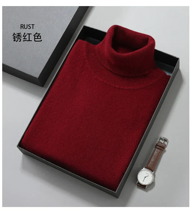 100% Cashmere Turtleneck Men Pullovers Autumn Winter Soft Light Warm Rolled Neck Jumper Jersey Pull Homme Knitted Sweater dark red