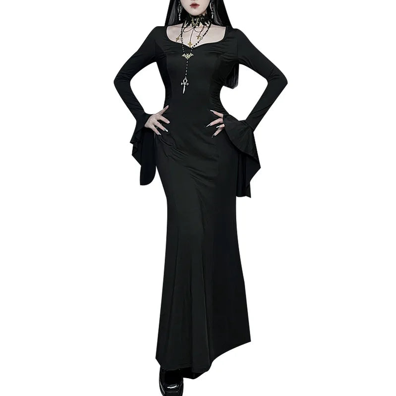 Halloween Cos Morticia Elegant Gothic Dress for Women Adams Family Inspired Wednesday Slim Summer Mermaid