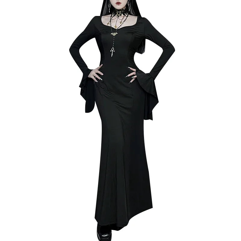 Halloween Cos Morticia Elegant Gothic Dress for Women Adams Family Inspired Wednesday Slim Summer Mermaid