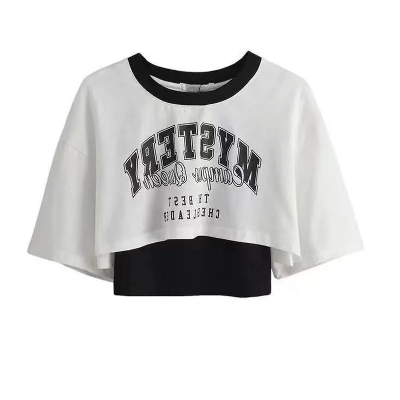 Korean Style Two-piece Patchwork Short Sleeved T-shirt with Ink Painting Wide Leg Pants Two-piece Female Student Pants Set