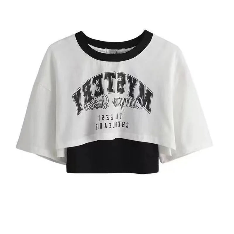 Korean Style Two-piece Patchwork Short Sleeved T-shirt with Ink Painting Wide Leg Pants Two-piece Female Student Pants Set