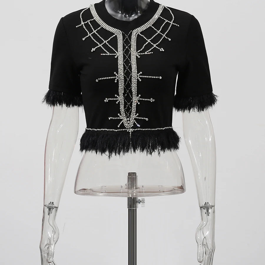 TWOTWINSTYLE Slimming Spliced Diamond Elegant T Shirts for Women Round Neck Short Sleeves Patchwork Tassels Tees Femlae Fashion