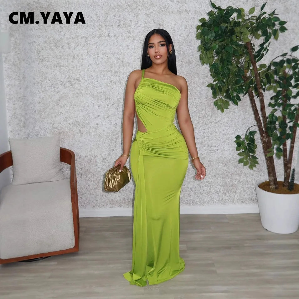 CM.YAYA Women Sleeveless Hollow Out Strap Ruched Maxi Long Dress 2025 Summer Street Sexy Party Birthday Evening Dresses Vestidos