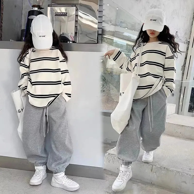 Korea Style Simple Kids Clothes Girl 2Pcs Set Clothing Long Sleeve Striped+Loose Pant Outfits for Teen Girl 6 8 10 12 14Y white
