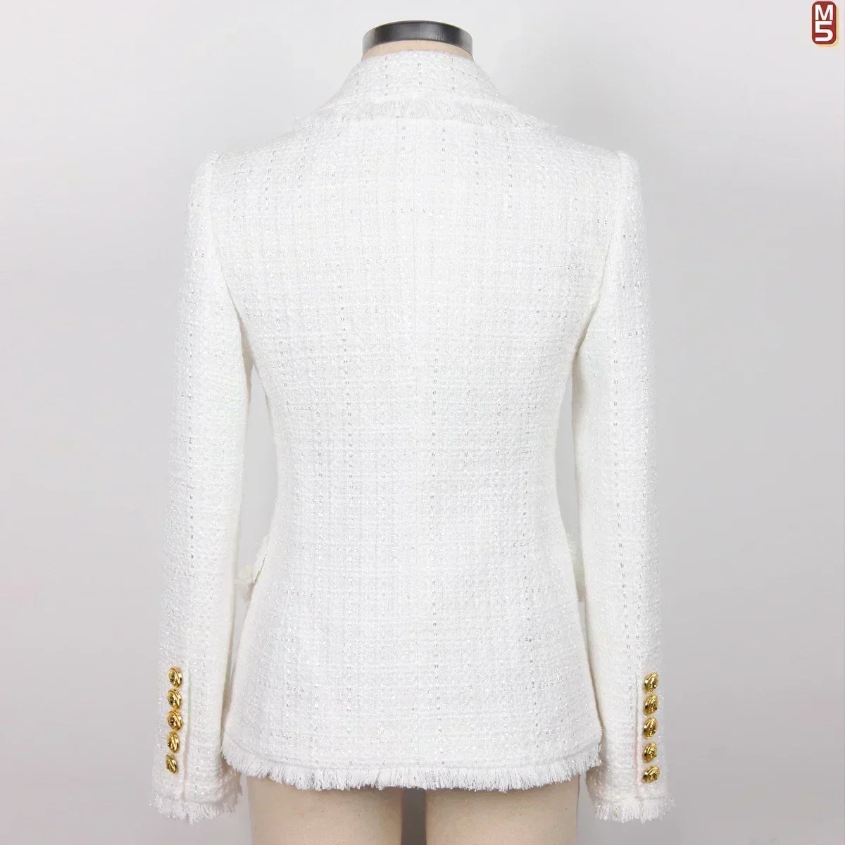Fashionable and elegant tweed women's suit jacket with tassel edge gold buttons, high-quality design - black and white