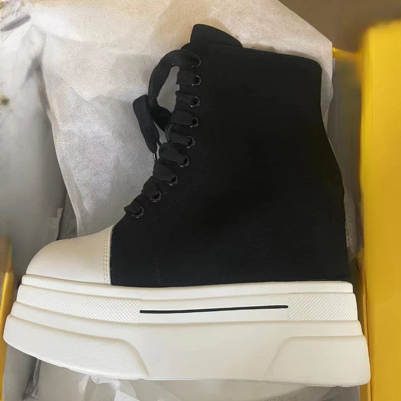 Fujin 14cm 2023 Denim Women Ankle Boots Platform Wedge Autumn Fashion Zip Super Hight Heel Women Fashion Lace Up Spring Shoes