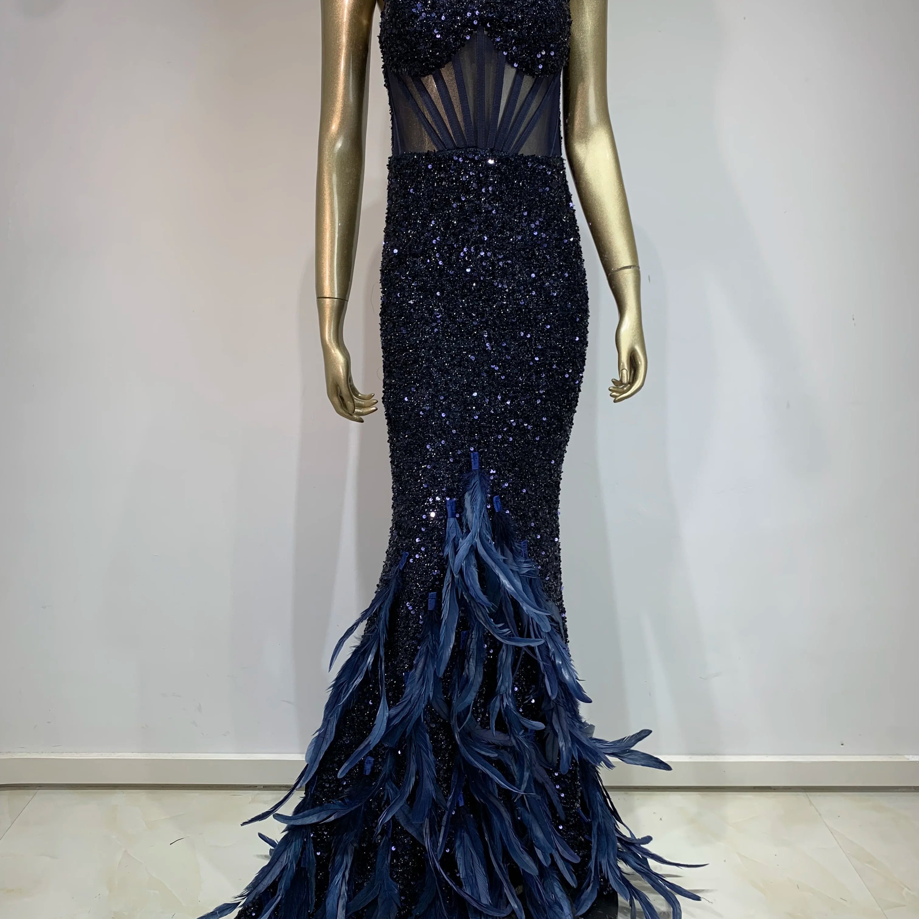 Women Summer Sexy V Neck Mesh Sequins Blue Feather Maxi Long Dress 2024 Elegant Party Evening Stage Performance Dress Vestido